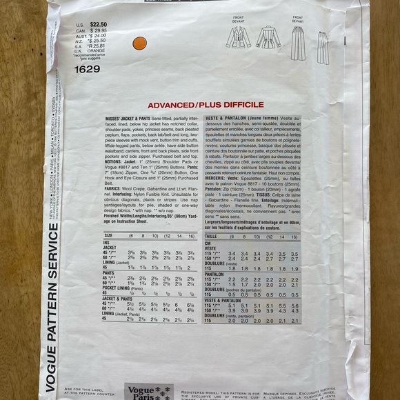 Vogue Pattern Design YVES SAINT LAURENT ~ Paris Original 1629 - Uncut Sz 6-10 - Picture 2 of 3